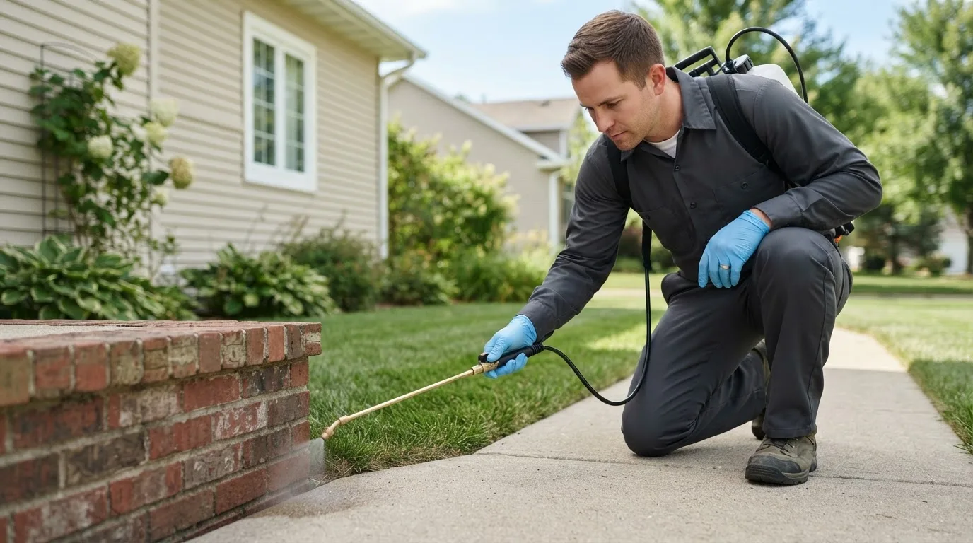 Pest control technician treating a home near La Harpe, KS