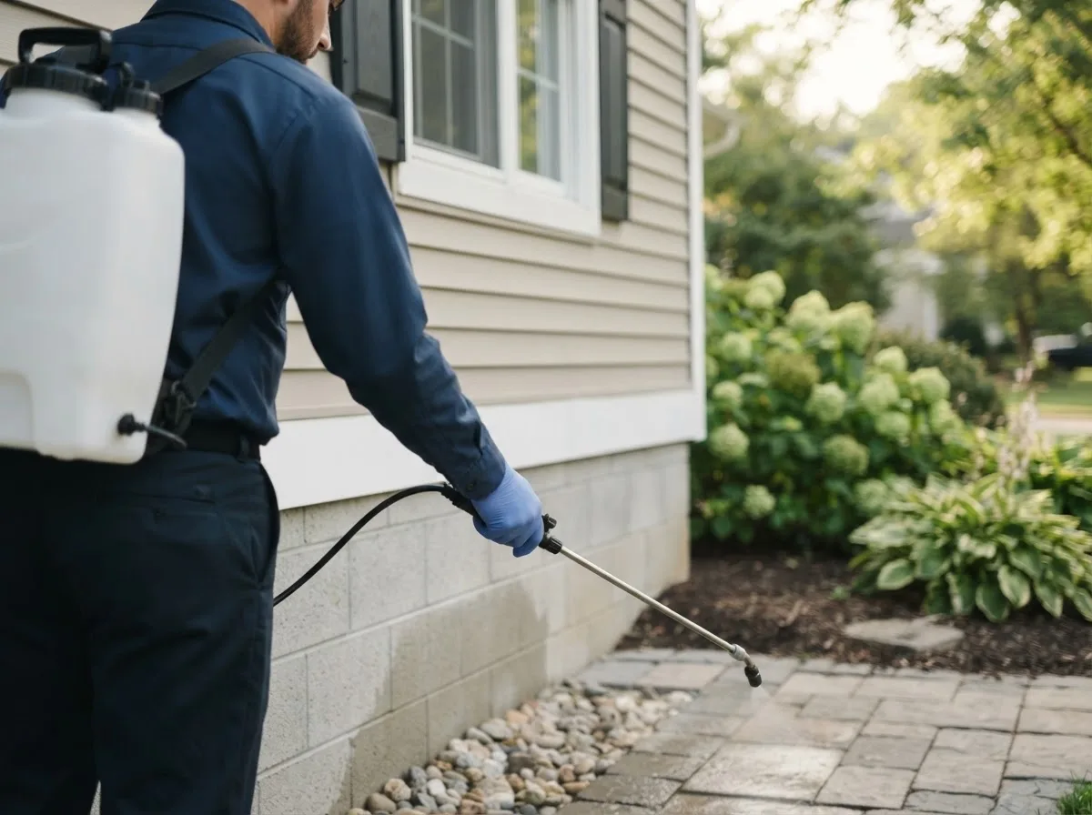 Pest control technician inspecting a home in La Harpe, KS